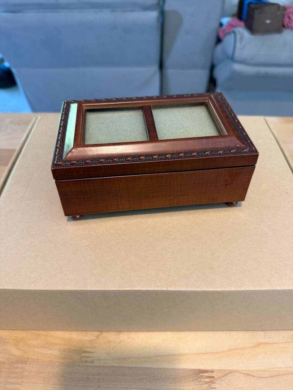 Vintage Sankyo Woodgrain Musical Jewelry Box with Photo Frame Top